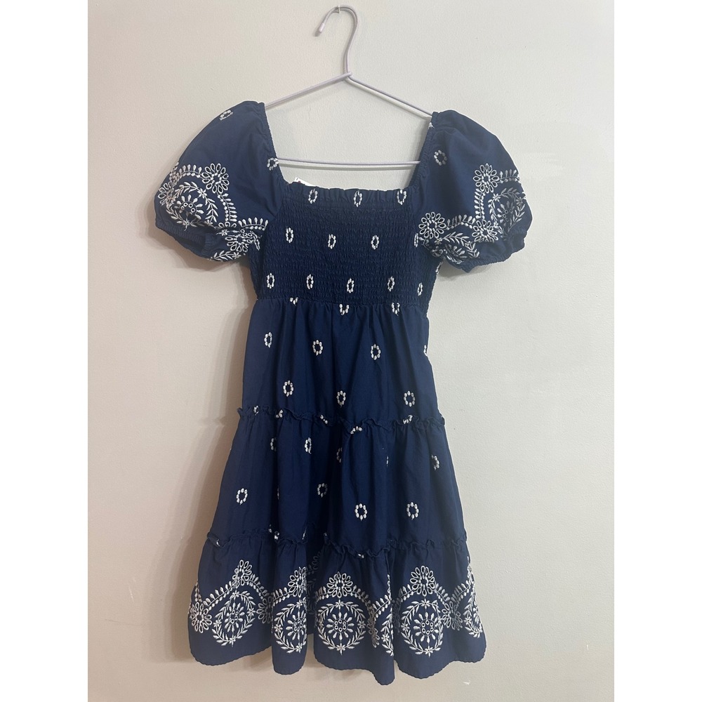 Crown & Ivy Kids Navy Blue Embroidered Smocked Tiered Dress Size L Large